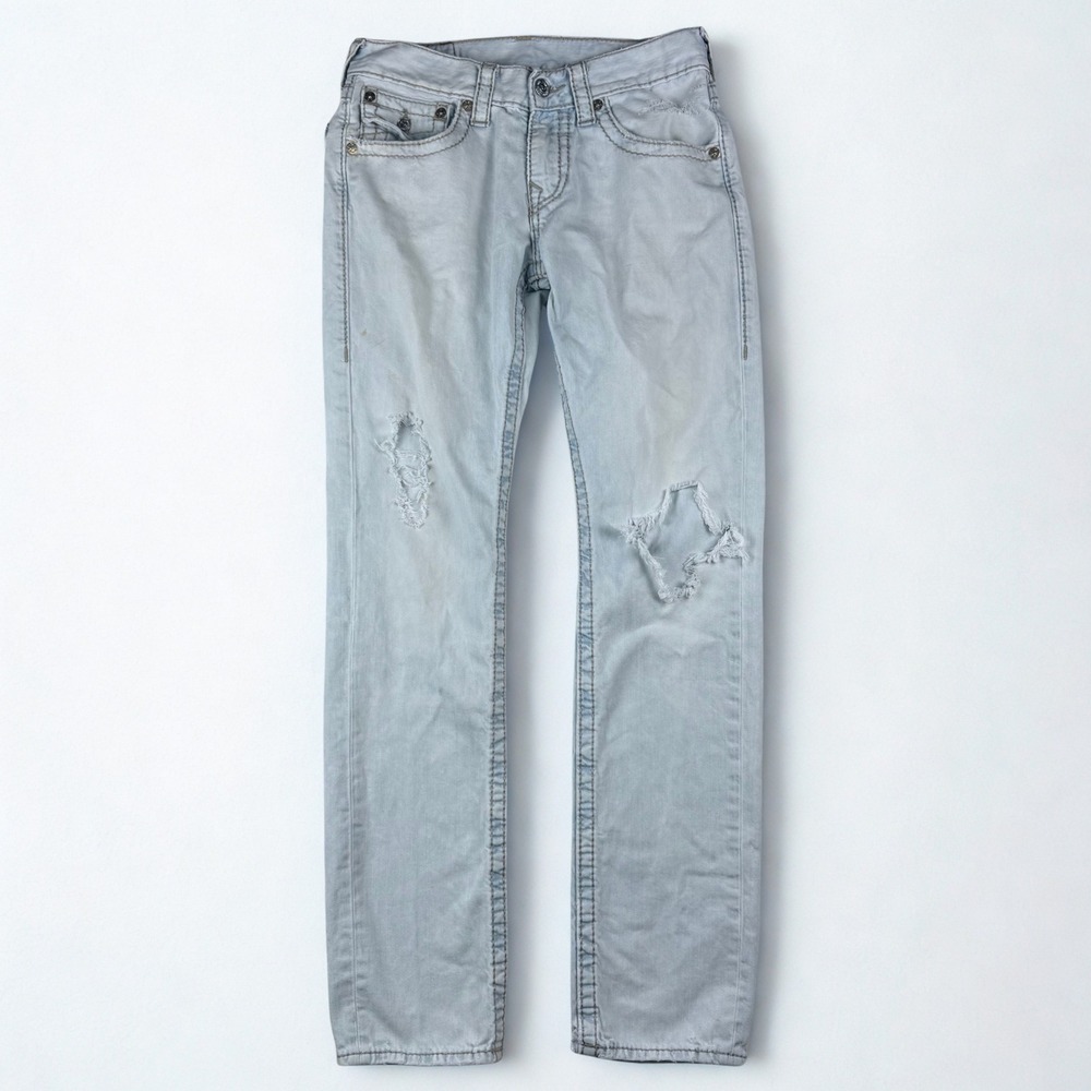 True Religion Slim Jeans Mens 30 Light Blue Distressed Moto Y2K Streetwear